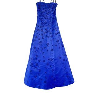 Vintage Lenovia Womens Blue Beaded Glitters Floral Gown Drawstring Back ZipperXS